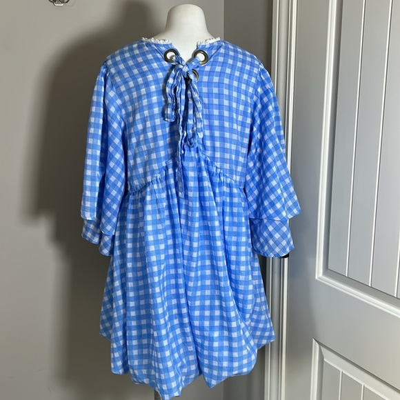 Free People Dress Gingham Blue White Lace Bubble Hem Angel Sleeve Sz L - Picture 5 of 9